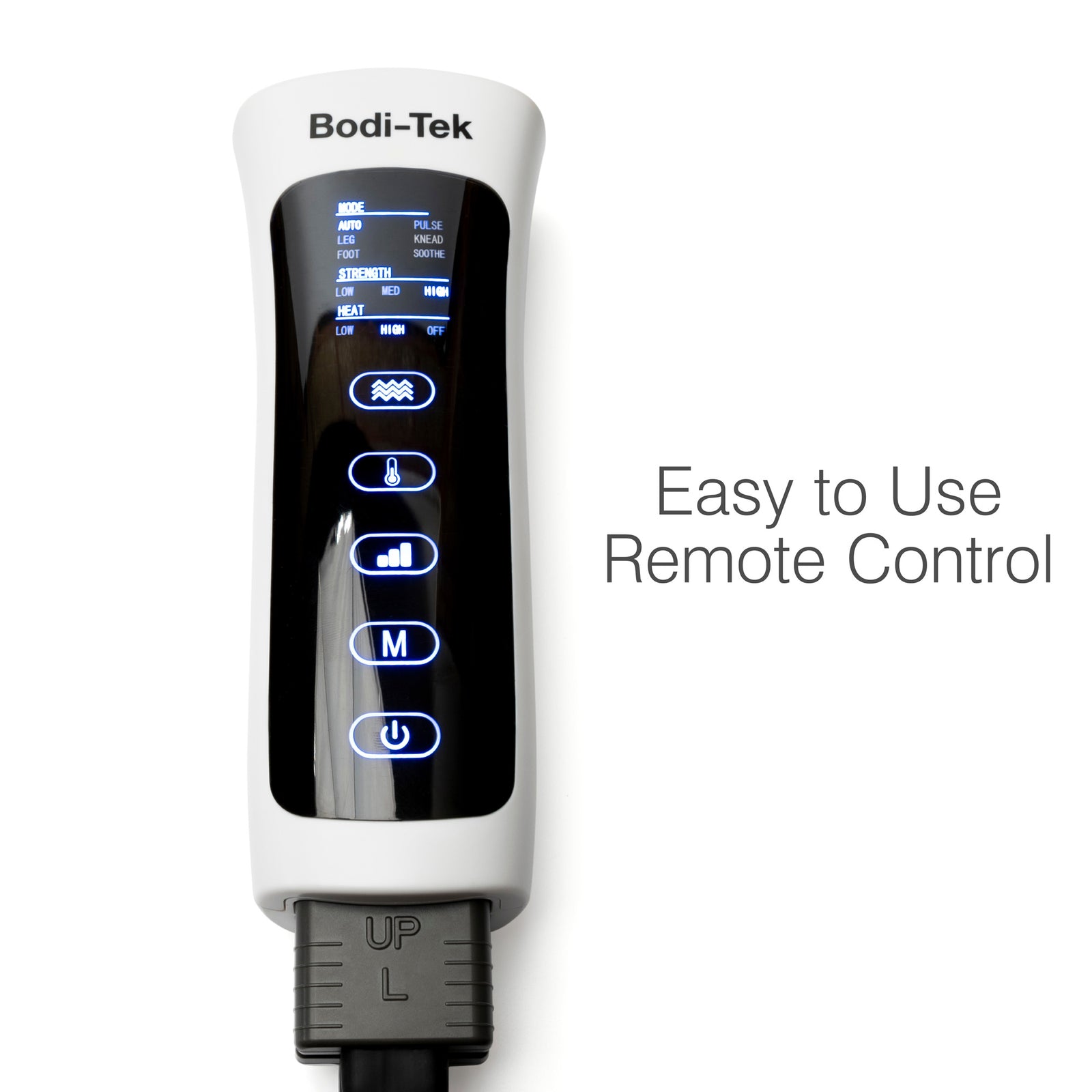 The Comfort360° Air Compression Full Leg Massager Boot features a white remote control with illuminated buttons and a display screen, making it easy to adjust settings for your leg massage on a white background.