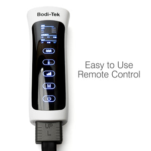 The Comfort360° Air Compression Half Leg Massager Boot features an easy-to-use remote control with a digital display and illuminated buttons for lower leg therapy. Text reads: Easy to Use Remote Control.