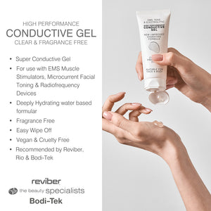 A person squeezes clear EMS, TENS & Micro-Current Toning Conductive Gel 85ml from a white tube onto their hand. Text highlights its fragrance-free, vegan formula, and recommendations by Reviber, Rio, and Bodi-Tek specialists.