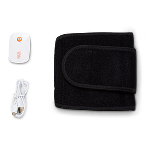 A black adjustable fabric band, a white USB charging cable, and a compact white device with orange accents—all included with the Smart Fitness EMS Muscle Toning Belt for effective waist toning and abs firming.