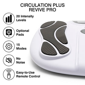Image features the Circulation Plus Revive Pro with 20 intensity levels, 15 modes, optional pads, no noise operation, an easy-to-use remote, and textured foot pads for EMS muscle stimulation.