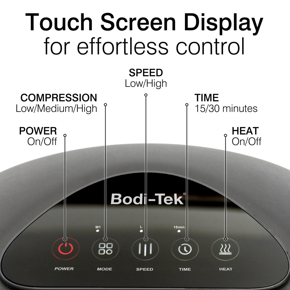 A close-up of the Foot-Therapy 3 in 1 Massager’s touch screen shows labeled buttons for power, mode (compression), speed, timer (15/30 min), and heat therapy, with clear function descriptions above the panel.