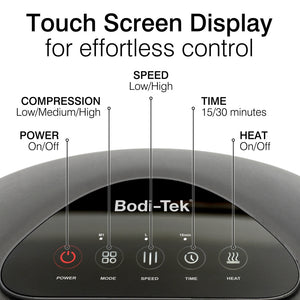 A close-up of the Foot-Therapy 3 in 1 Massager’s touch screen shows labeled buttons for power, mode (compression), speed, timer (15/30 min), and heat therapy, with clear function descriptions above the panel.