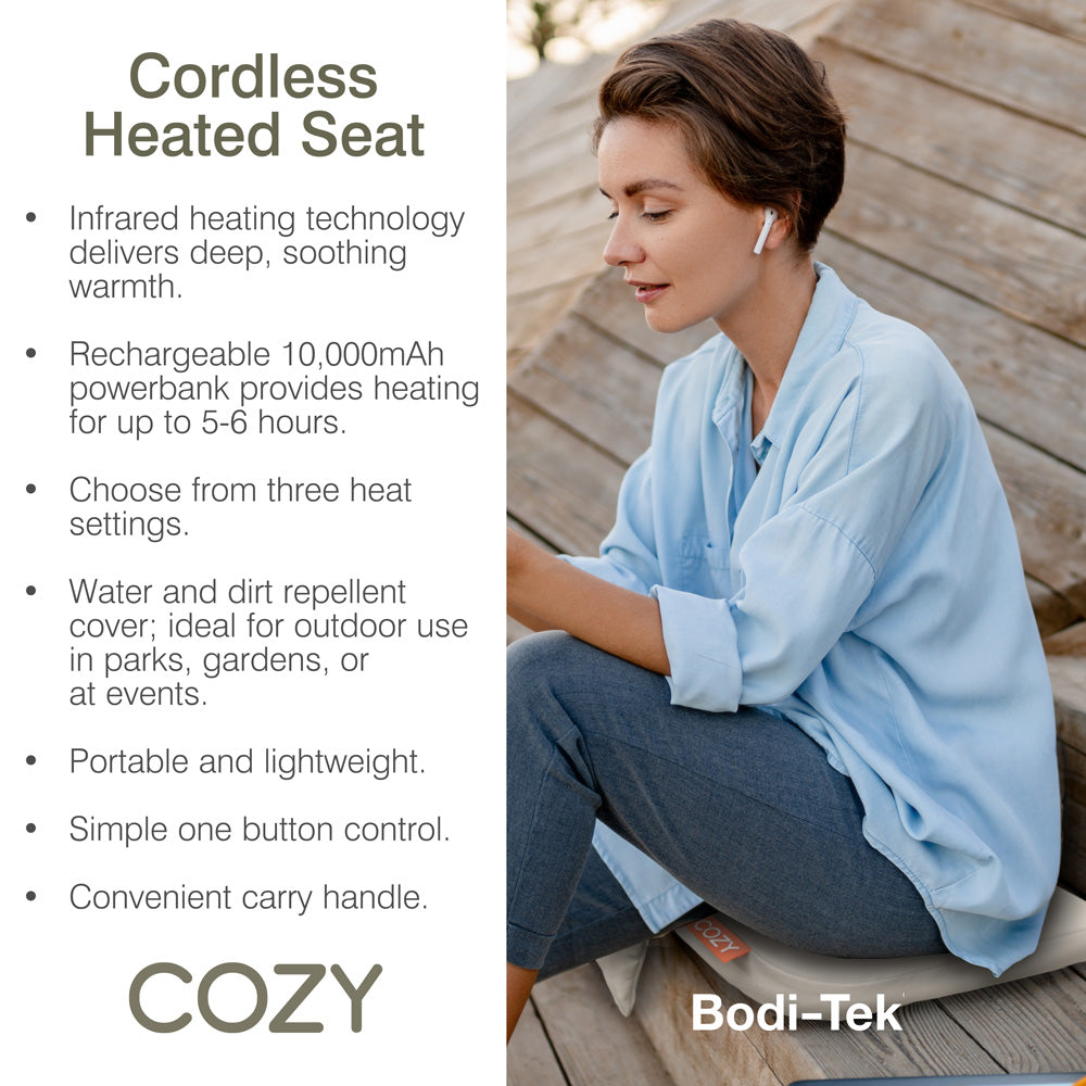 A woman sits outdoors on the COZY Cordless Heated Seat Pad - JORD, wearing a light blue shirt and earphones. Text mentions its rechargeable battery, multiple heat settings, and portability.