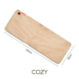 The COZY Heated Throw & Seat Cover Pad - JORV is a rectangular beige mat (120x50 cm), shown diagonally with labeled dimensions and COZY below—perfect for extra comfort as a heated seat cover.
