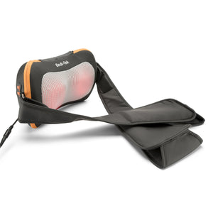 The Neck, Shoulder & Body Shiatsu Massager is a black and orange heated pillow with straps and a mesh front, featuring glowing red massage nodes for deep kneading neck and shoulder relief.