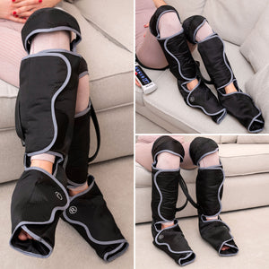 Three images display a person using the Comfort360° Air Compression Half Leg Massager Boot in black and gray, seated on a couch. The remote for adjusting massage programs is placed nearby as they enjoy lower leg therapy.