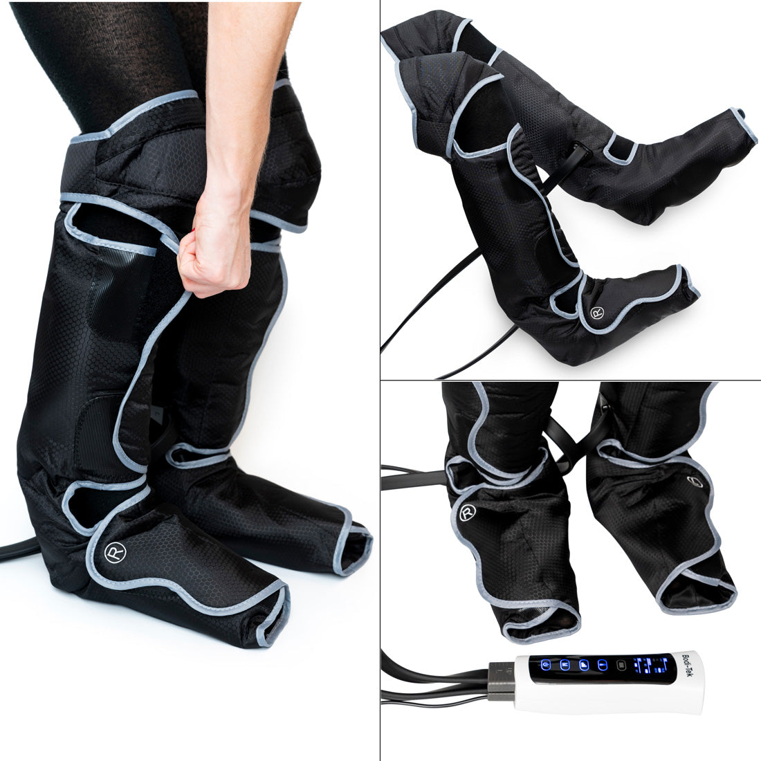 A person wears Comfort360° Air Compression Half Leg Massager Boots in black with blue trim; close-ups show the boots off the legs and attached to a white remote displaying massage programs for lower leg therapy.