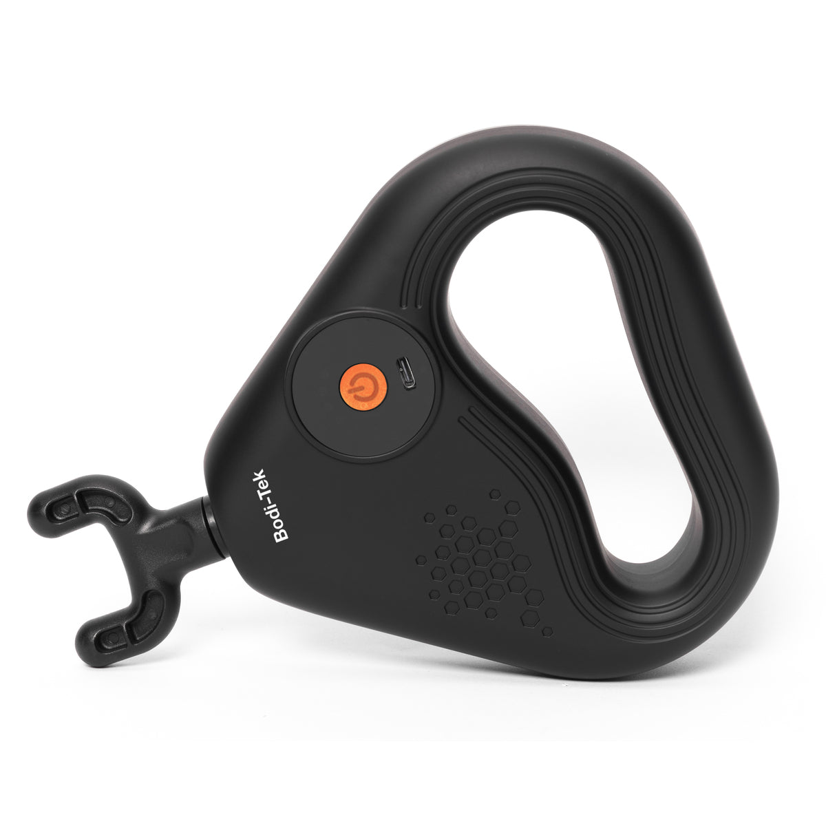 A black, teardrop-shaped massage device with a circular orange power button, USB port, and three-pronged hook on one side. The SPORTS PERCUSSION MASSAGE GUN WITH LATERAL ACTION BELT is designed for muscle recovery.