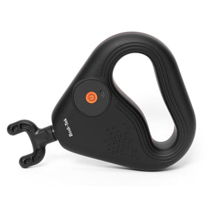 A black, teardrop-shaped massage device with a circular orange power button, USB port, and three-pronged hook on one side. The SPORTS PERCUSSION MASSAGE GUN WITH LATERAL ACTION BELT is designed for muscle recovery.