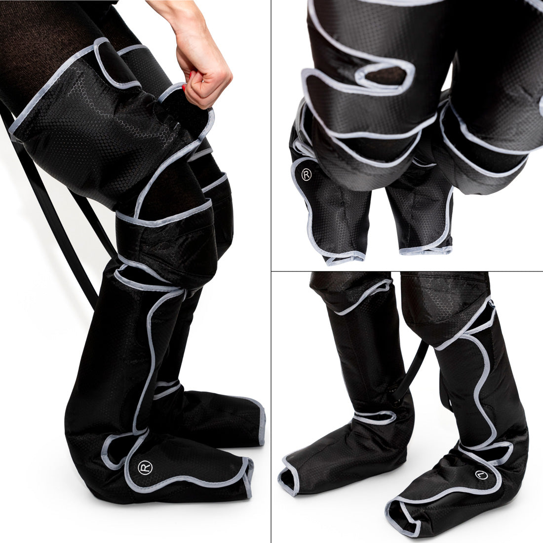 A person adjusts Comfort360° Air Compression Full Leg Massager Boots with white trim. The collage displays the boots from various angles, showcasing their full-leg coverage from feet to thighs and adjustable straps.