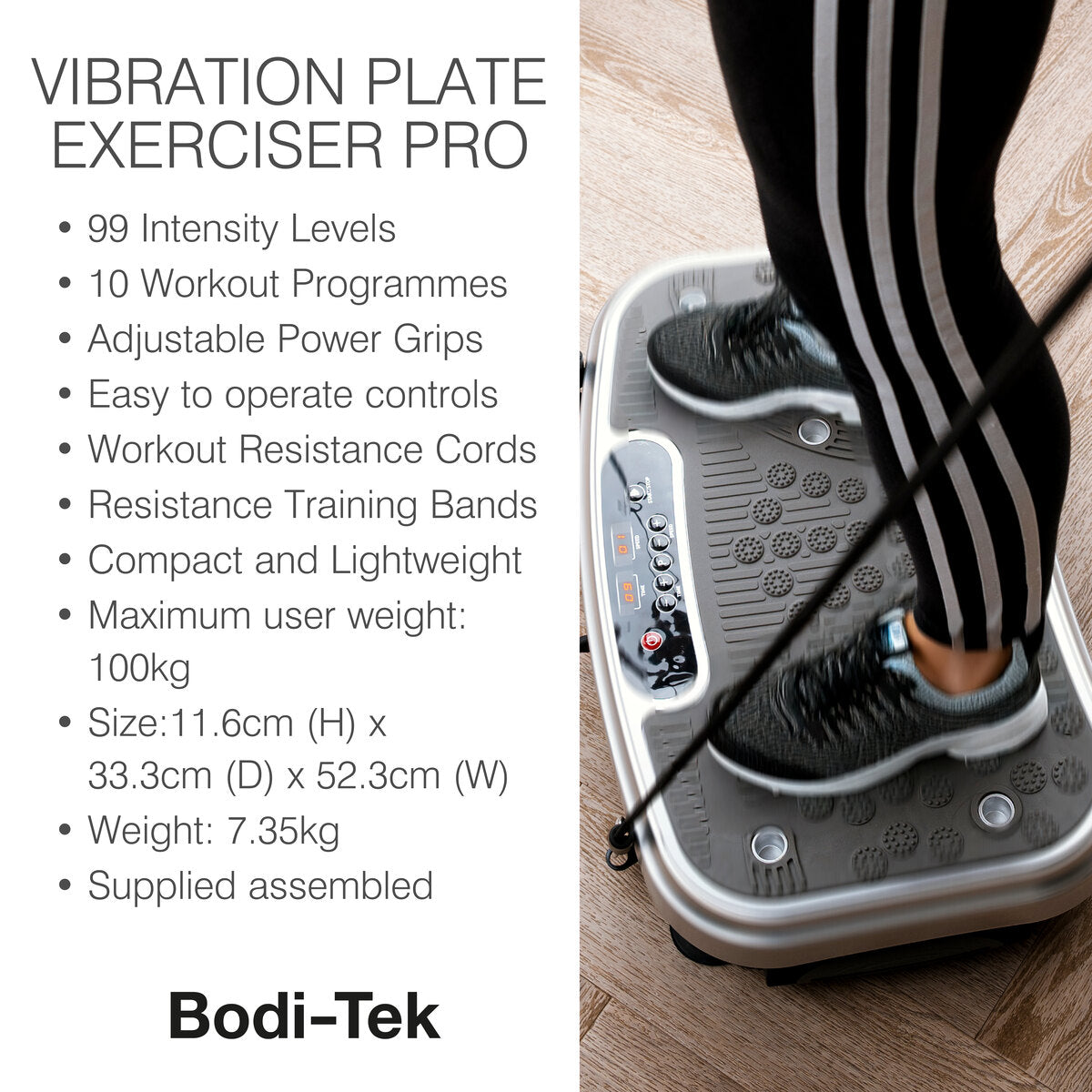 A person in black leggings with white stripes is using the Vibration Plate Exerciser Pro to tone muscles. The product’s features and specifications are displayed on the left side of the image.