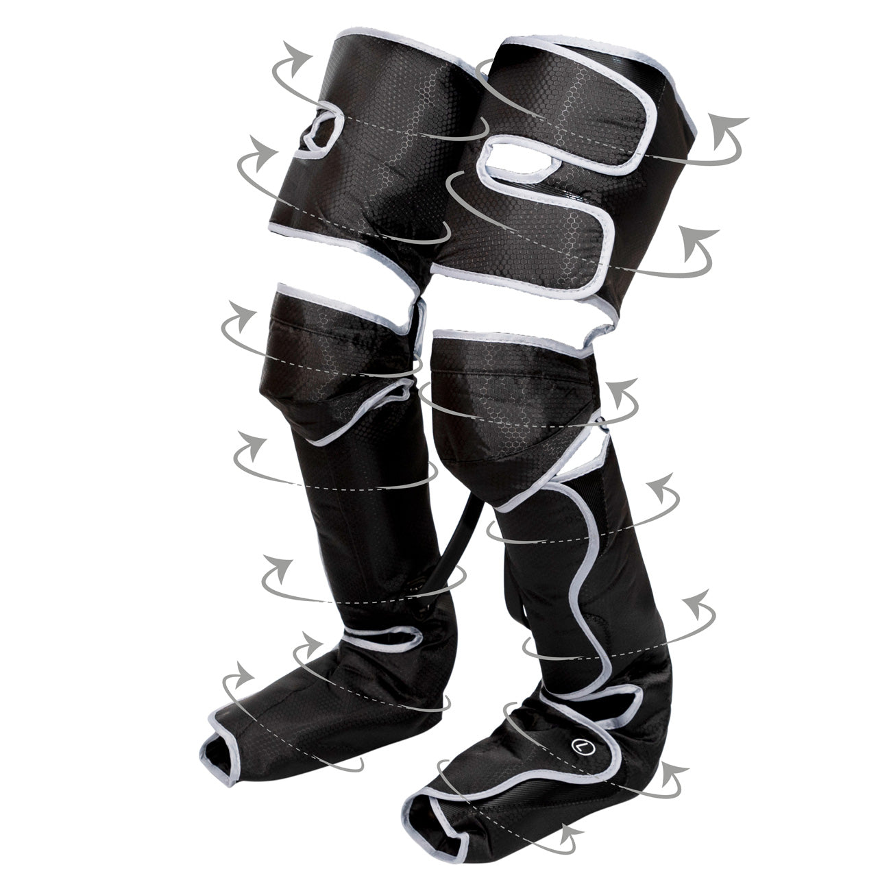 The Comfort360° Air Compression Full Leg Massager Boot is a black leg and foot wrap with white trim, control buttons, and illustrated arrows showing compression massage flow.