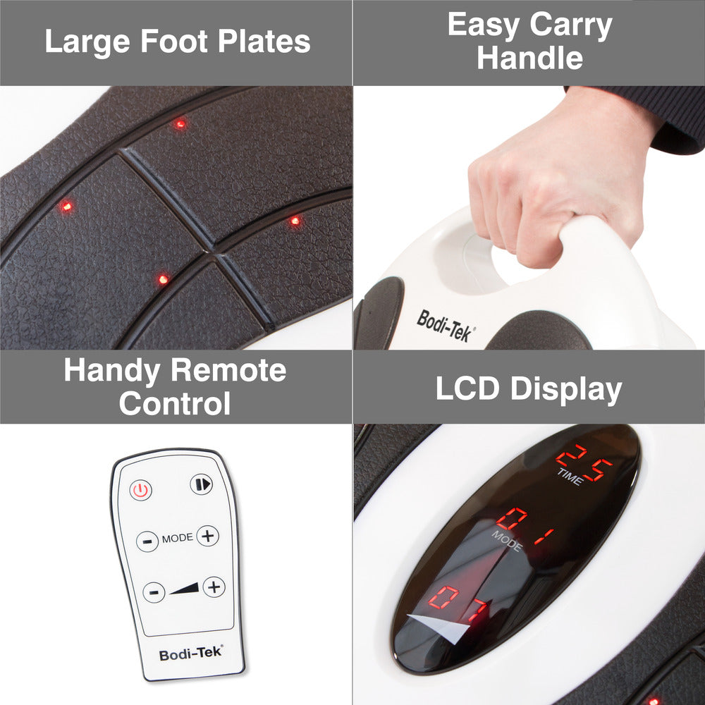 Four features of the Circulation Plus Active Lower Leg & Foot Exerciser (2025) are highlighted: large textured foot plates, an easy carry handle, a handy remote control, and an illuminated LCD display.