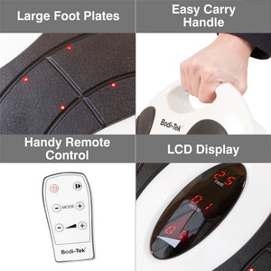 Four features of the Circulation Plus Active Lower Leg & Foot Exerciser (2025) are highlighted: large textured foot plates, an easy carry handle, a handy remote control, and an illuminated LCD display.