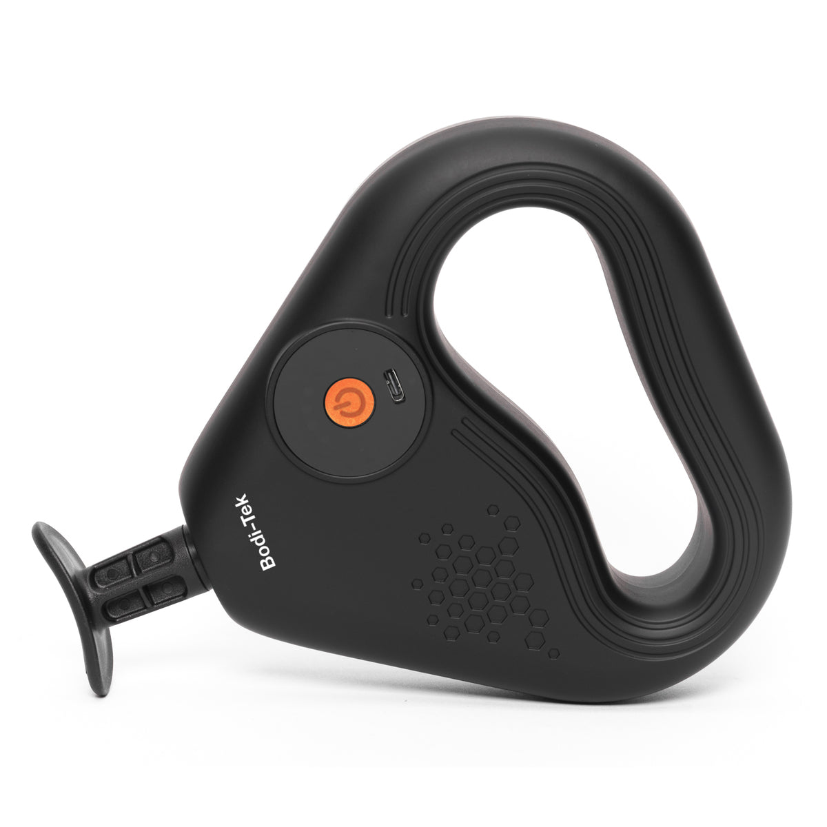 The SPORTS PERCUSSION MASSAGE GUN WITH LATERAL ACTION BELT is a black, triangular handheld muscle recovery device with a circular orange power button, honeycomb pattern, USB-C charging port, retractable pull tab, and “Bob and Zak” branding on the side.