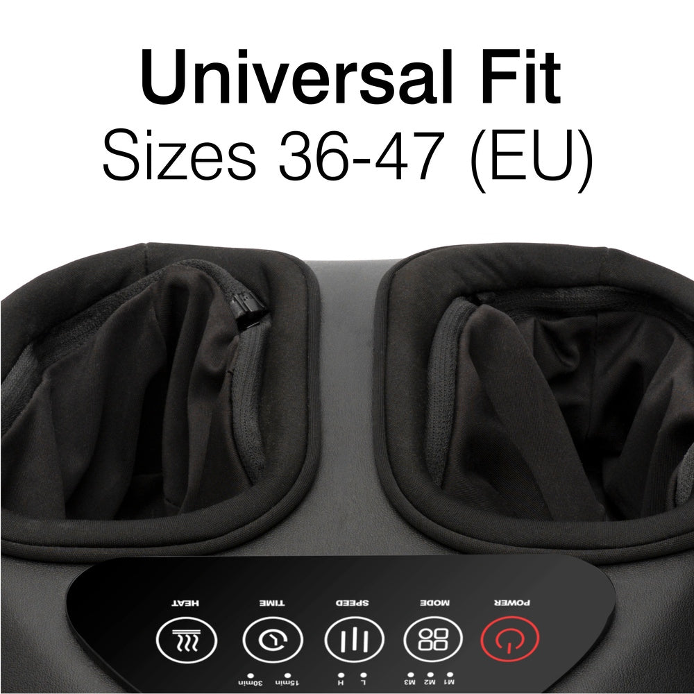 Close-up of the Foot-Therapy 3 in 1 Massager showing two foot openings, a control panel with icons for heat, timer, speed, mode, and power, plus "Universal Fit Sizes 36-47 (EU)" to help improve circulation.