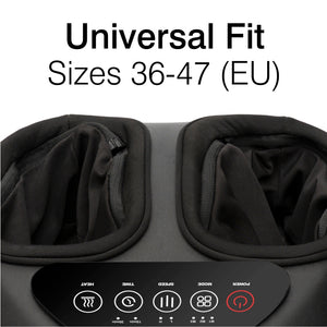 Close-up of the Foot-Therapy 3 in 1 Massager showing two foot openings, a control panel with icons for heat, timer, speed, mode, and power, plus "Universal Fit Sizes 36-47 (EU)" to help improve circulation.