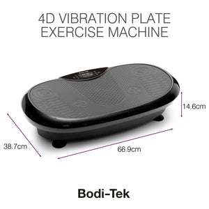 The 4D Vibration Plate Exercise Machine, shown in black and grey against a white background, offers a full body workout to help burn fat. Dimensions: 66.9 cm wide, 38.7 cm deep, and 14.6 cm high.