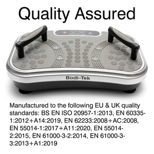 The Vibration Plate Exerciser Pro features two handles, a Quality Assured label above, and EU/UK standards below—perfect for vibration workouts to tone muscles and burn fat.