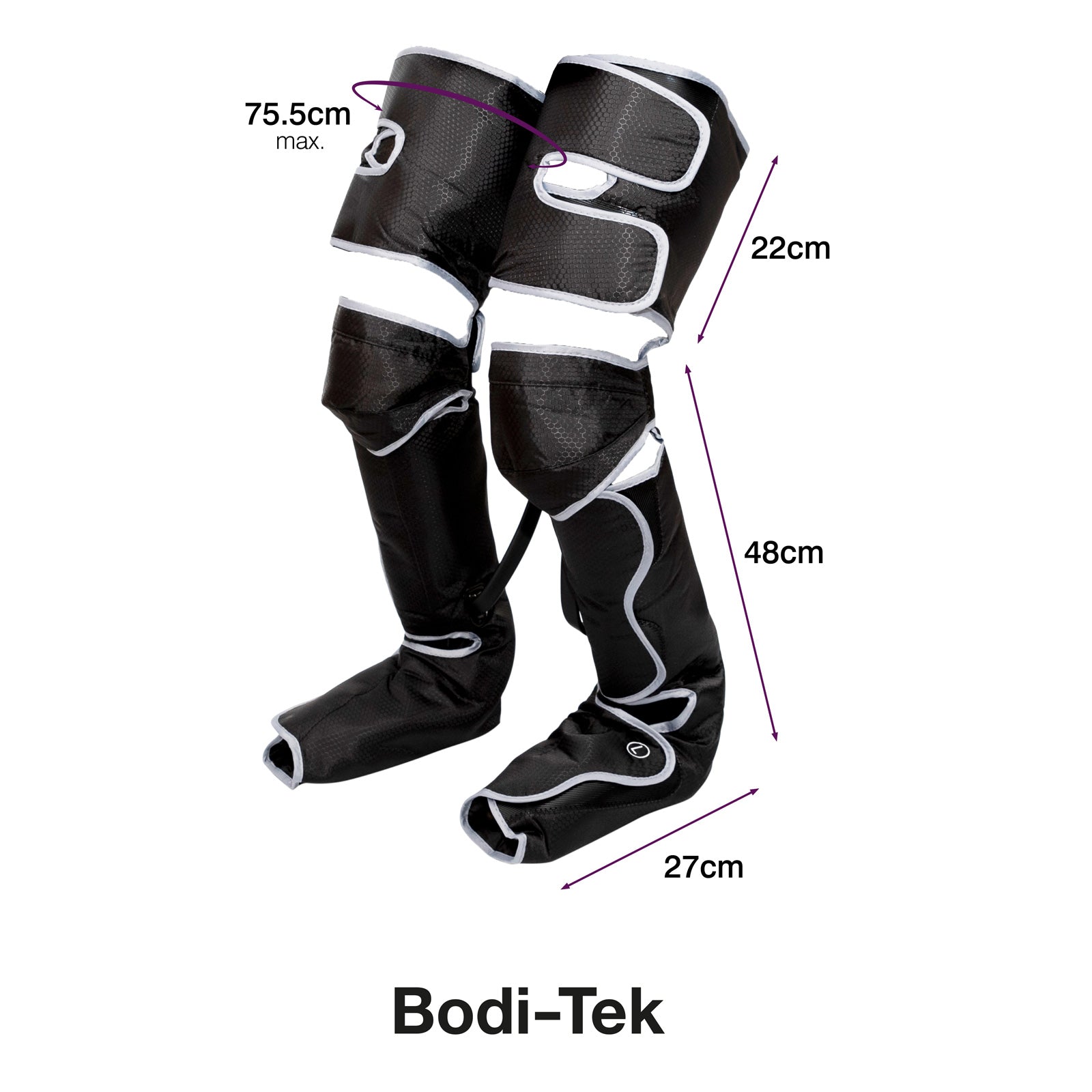 A pair of Comfort360° Air Compression Full Leg Massager Boots in black with white trim, featuring labeled measurements: 75.5cm max length, 22cm thigh, 48cm calf, and 27cm foot sections, designed to fully wrap around each leg.