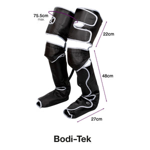 A pair of Comfort360° Air Compression Full Leg Massager Boots in black with white trim, featuring labeled measurements: 75.5cm max length, 22cm thigh, 48cm calf, and 27cm foot sections, designed to fully wrap around each leg.