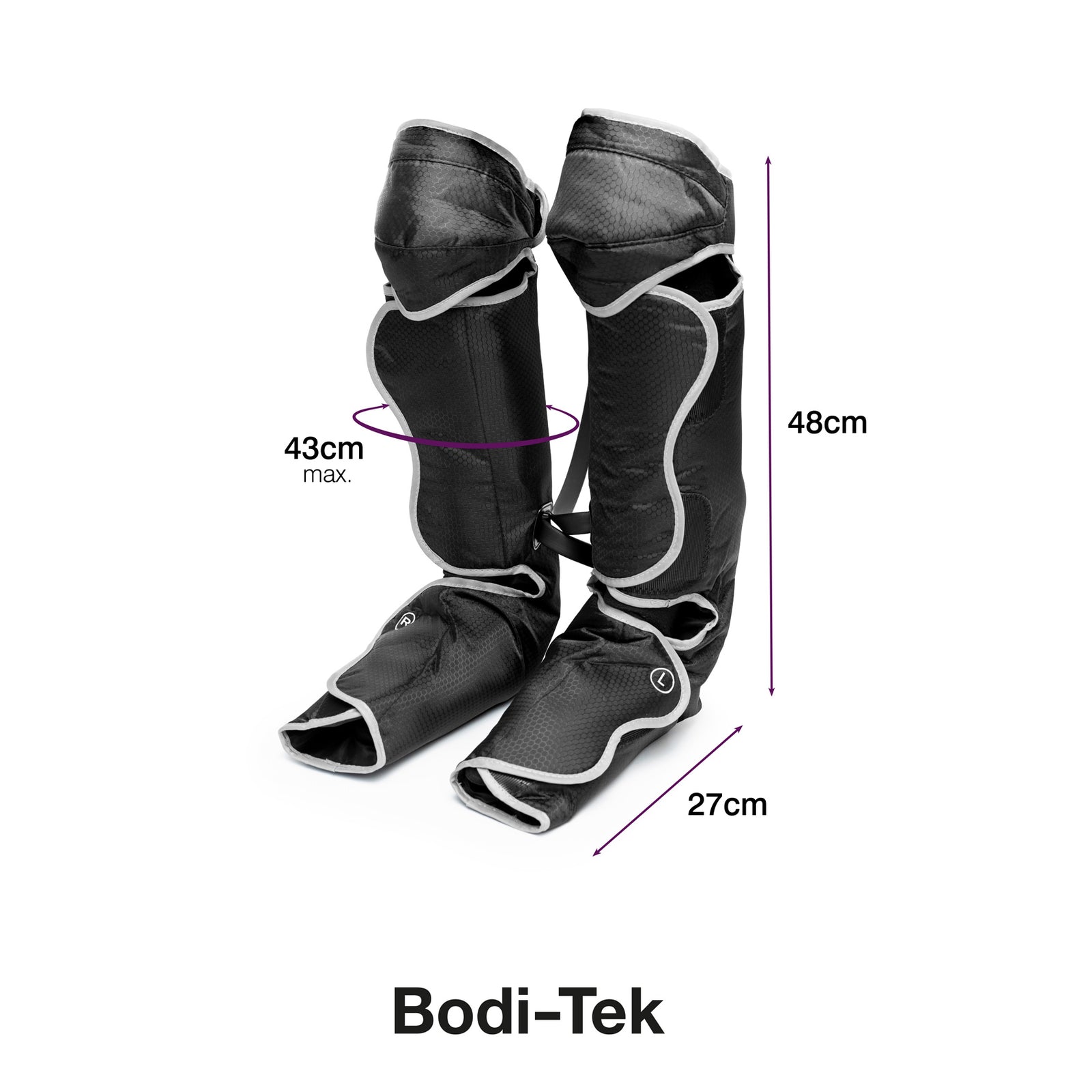 Two black Comfort360° Air Compression Half Leg Massager Boots are shown upright with white trim. Dimensions: 48cm tall, 27cm foot length, and 43cm max calf circumference—ideal for targeted lower leg therapy.