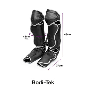 Two black Comfort360° Air Compression Half Leg Massager Boots are shown upright with white trim. Dimensions: 48cm tall, 27cm foot length, and 43cm max calf circumference—ideal for targeted lower leg therapy.