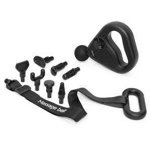 The SPORTS PERCUSSION MASSAGE GUN WITH LATERAL ACTION BELT, black and handheld, features six interchangeable heads and a detachable lateral action belt—perfect for muscle recovery. Shown on a white background.
