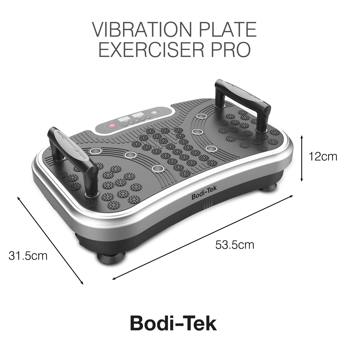The Vibration Plate Exerciser Pro in black and grey features handles and a control panel. Ideal for burning fat and toning muscle with vibration exercises. Dimensions: 53.5cm (L) x 31.5cm (W) x 12cm (H).