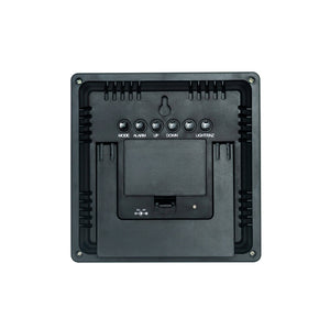 The Digital Weather Station is a compact black panel with six labeled buttons (Mode, Alarm, Up, Down, Light/SNZ), a battery compartment, and a foldable stand that monitors indoor/outdoor temperature for wireless weather updates.