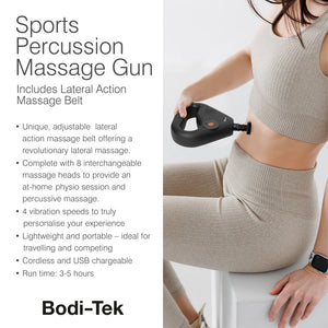 A woman in beige activewear uses the SPORTS PERCUSSION MASSAGE GUN WITH LATERAL ACTION BELT on her abdomen for muscle recovery. Text highlights adjustable settings, portability, and a 3-5 hour run time.