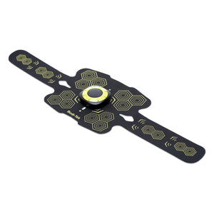 The Abs and Oblique Trainer Pro is a black and yellow electronic muscle stimulator pad with hexagonal patterns, two extended straps, and a circular control unit that targets your core abs for effective stimulation.