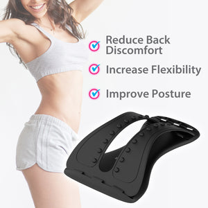 A smiling woman wearing exercise clothes stretches with the Back Magic device. Three benefits are highlighted: reduce back discomfort, increase flexibility, and improve posture. The back stretcher is prominently shown beside her.