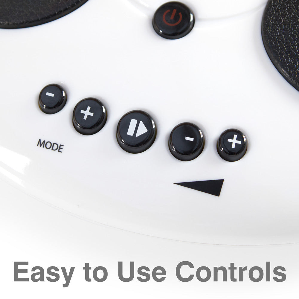 Close-up of a white control panel with power, mode, play, plus, and minus buttons, and a black arrow. Text below reads: Circulation Plus Active Lower Leg & Foot Exerciser (2025) offers easy-to-use controls for exercise and stimulation.
