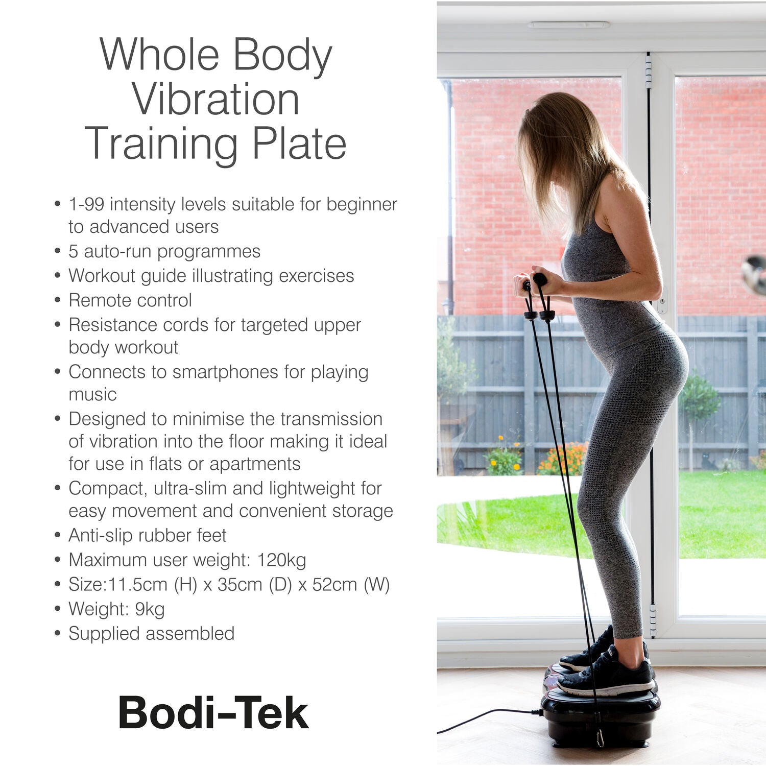 A woman in gray activewear uses a black Whole Body Vibration Training Exercise Plate in a bright room. Product features and specs are on the left, while the Bodi-Tek branding highlights this effective full body workout equipment at the bottom.