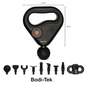 The SPORTS PERCUSSION MASSAGE GUN WITH LATERAL ACTION BELT features a circular handle, power button, and multiple interchangeable heads for muscle recovery. Dimensions: 15.5 cm wide, 45 cm tall.