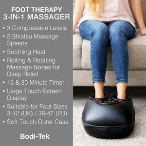 A woman relaxes on a sofa, using the Foot-Therapy 3 in 1 Massager. Text highlights its features: shiatsu massage settings to boost circulation, adjustable compression levels, and convenient timer functions.