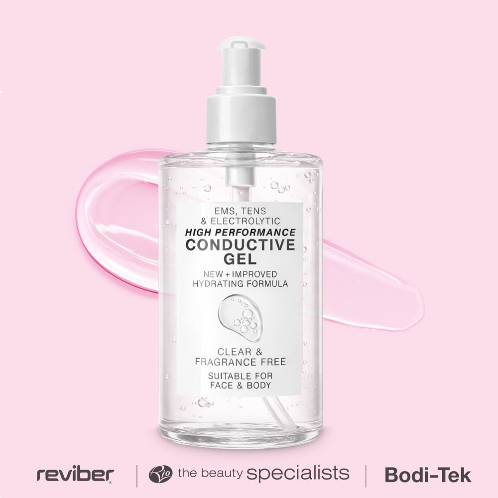 A clear pump bottle of EMS, TENS, Electrolytic & Micro-Current Toning Conductive Gel (2 x 250ml) is shown in front of a pink smear. The hydrating, fragrance-free gel is ideal for face and body, perfect as an EMS gel for your microcurrent device.