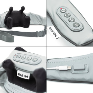A four-panel image shows a grey Ona Neck & Shoulder Massager: close-ups of control buttons, soft cushioning, an adjustable strap, and a USB charging port for soothing infrared heat.