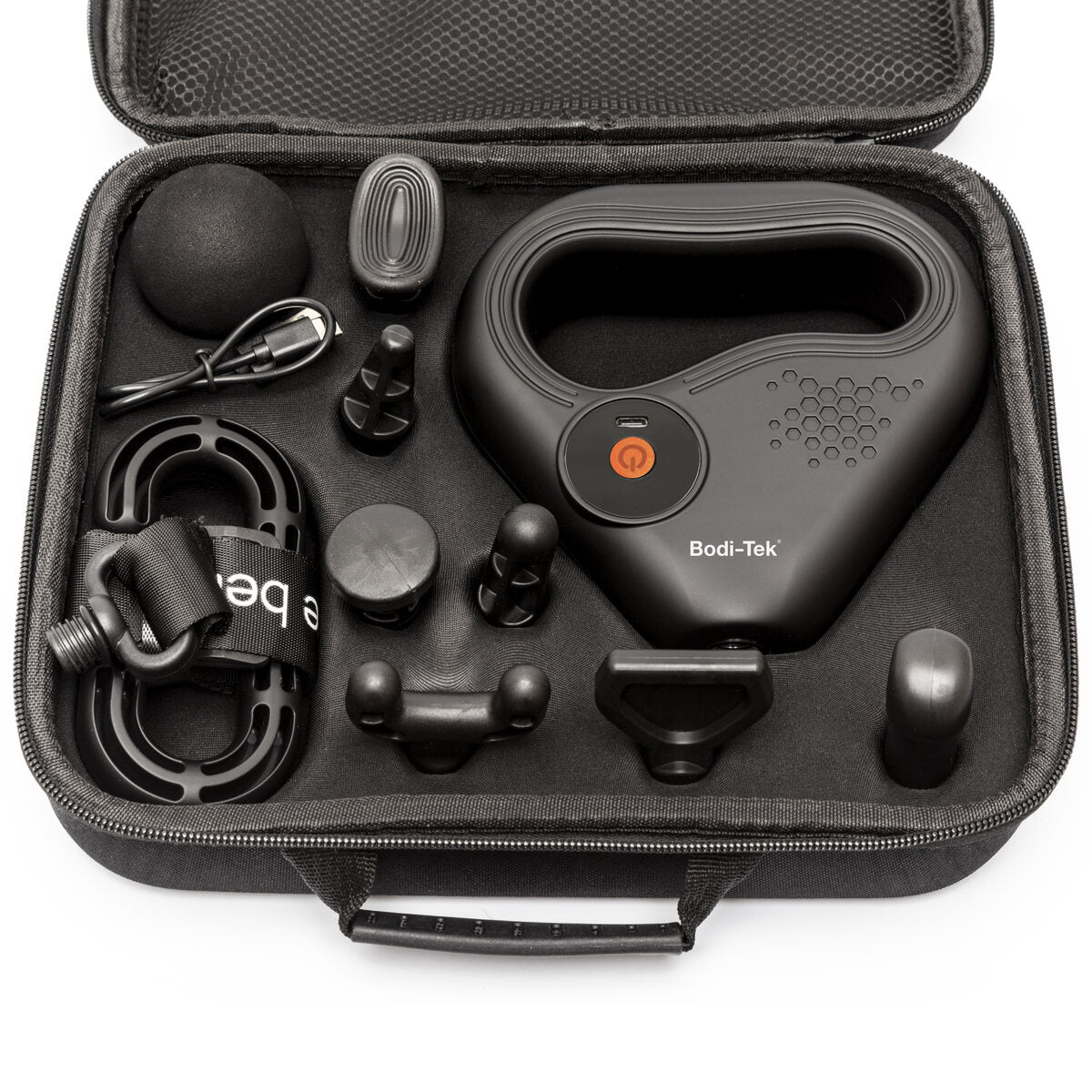 A black carrying case holds the SPORTS PERCUSSION MASSAGE GUN WITH LATERAL ACTION BELT, multiple massage heads, a black massage ball, charging cable, and a strap—all organized in foam slots for muscle recovery.
