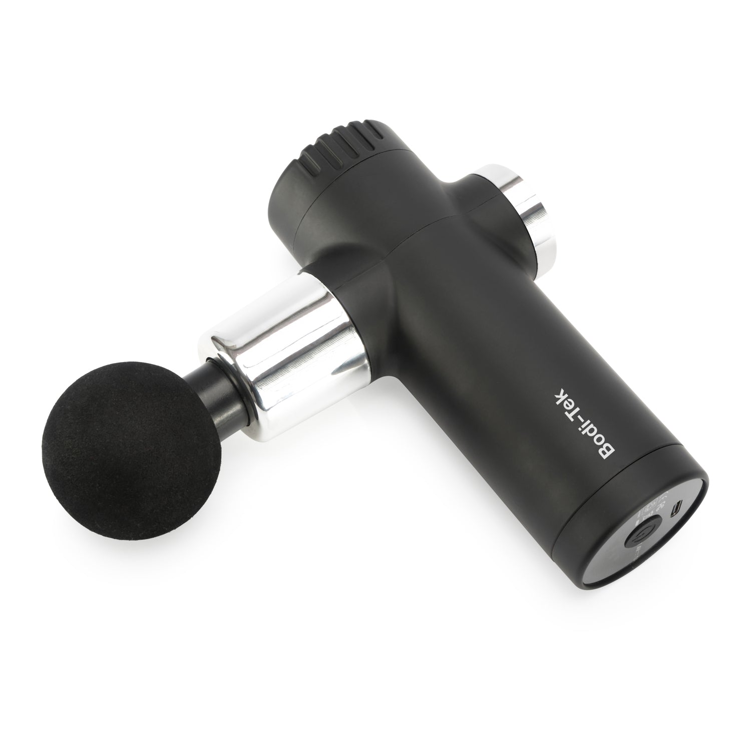 A Mini Deep Tissue Massage Gun in black, featuring a round foam attachment and metallic accents labeled Body-Tek, is displayed against a white background.