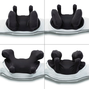 Four images show various angles of the Ona Neck & Shoulder Massager, a padded black cushion attached to a light grey fabric base, designed for use with car seats or strollers.