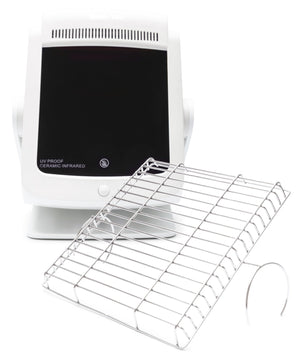 The Infrared Heat Lamp features a white tabletop UV-proof ceramic design, a large black display, and a detachable metal wire rack. Resembling an infrared therapy lamp, it promotes blood circulation and provides efficient heating.