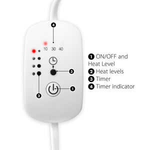 The Infrared Heat Lamp’s white remote has labeled buttons for ON/OFF, heat level (muscle and joint relief), indicators, a timer (10/30/40 min), and lights. Text beside each button explains its function clearly.