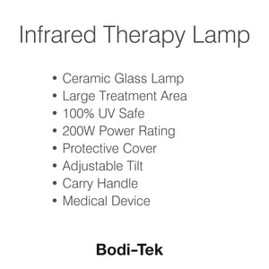 The Infrared Heat Lamp features a ceramic glass lamp, large treatment area, 200W power, protective cover, adjustable tilt, carry handle, and is 100% UV safe to promote blood circulation with soothing infrared heat therapy.