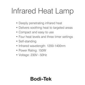 Text graphic titled Infrared Heat Lamp with bullet points listing features such as muscle and joint relief and a shatterproof bulb. The product name, Infrared Heat Lamp, appears at the bottom.