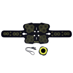 The Abs and Oblique Trainer Pro, in black and yellow, is laid flat with its round control unit and USB charging cable underneath, all set against a white background for effective muscle stimulation.