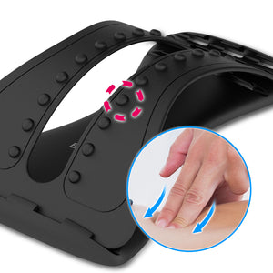 A close-up of the Back Magic back stretcher, focusing on the acupressure nodes, with an inset image showing fingers pressing on the nodes to mimic a massage effect.