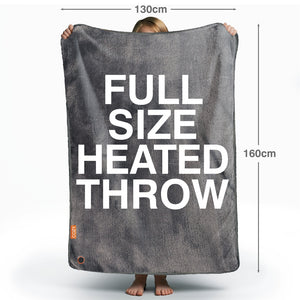 A person holds a large grey Cozy Wireless Rechargeable Snuggle Blanket Heated Throw (130 x 160 cm) with bold white text saying FULL SIZE HEATED THROW; only their feet, hands, and part of the head can be seen.